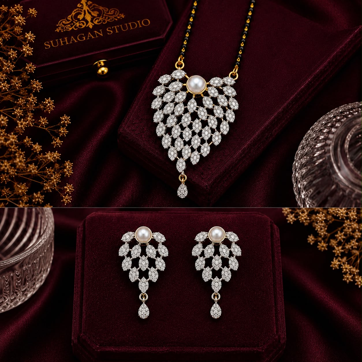 Pearl Cascade American Diamond Single Chain Mangalsutra Set with Earrings | Gold-Plated Brass Jewellery