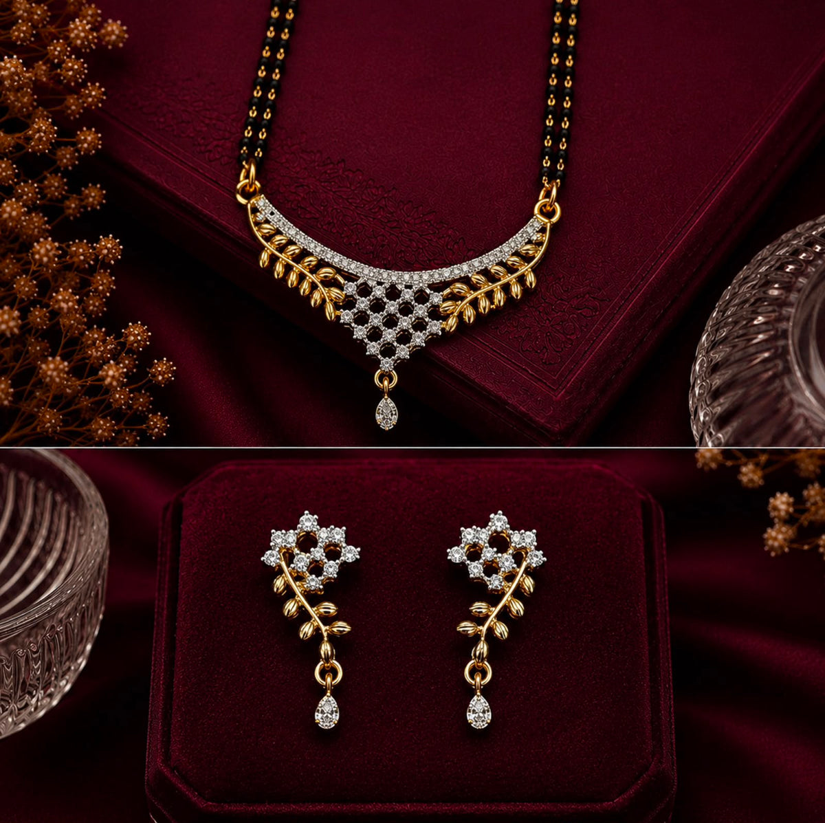 Leaf Grace American Diamond Double Chain Mangalsutra Set with Earrings | Gold-Plated Brass Jewellery