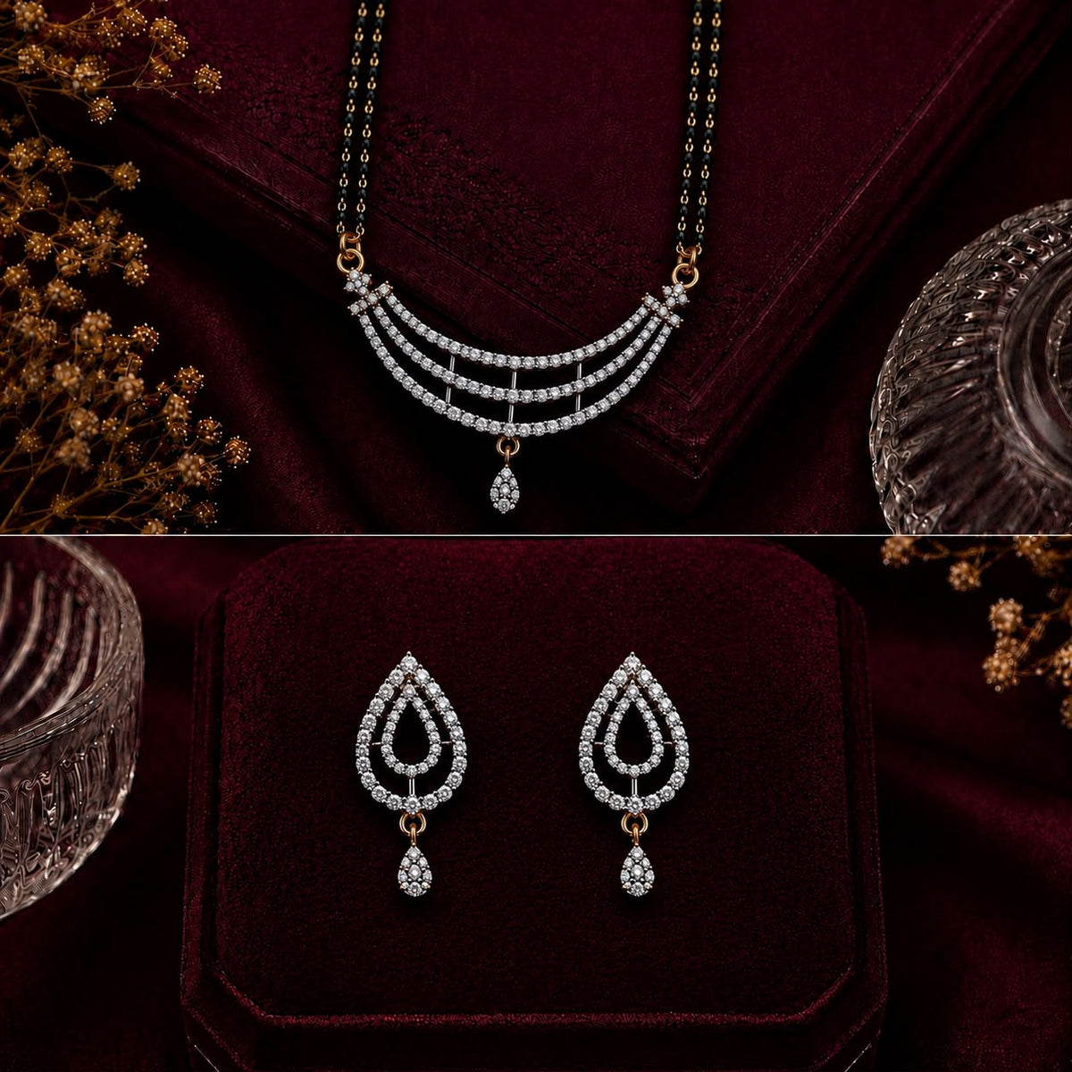 Royal Arc American Diamond Double Chain Mangalsutra Set with Earrings | Gold-Plated Brass Jewellery