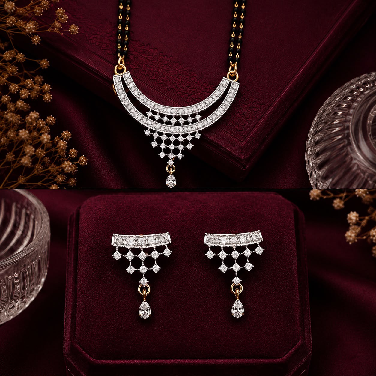 Twinkling Arc American Diamond Double Chain Mangalsutra Set with Earrings | Gold-Plated Brass Jewellery
