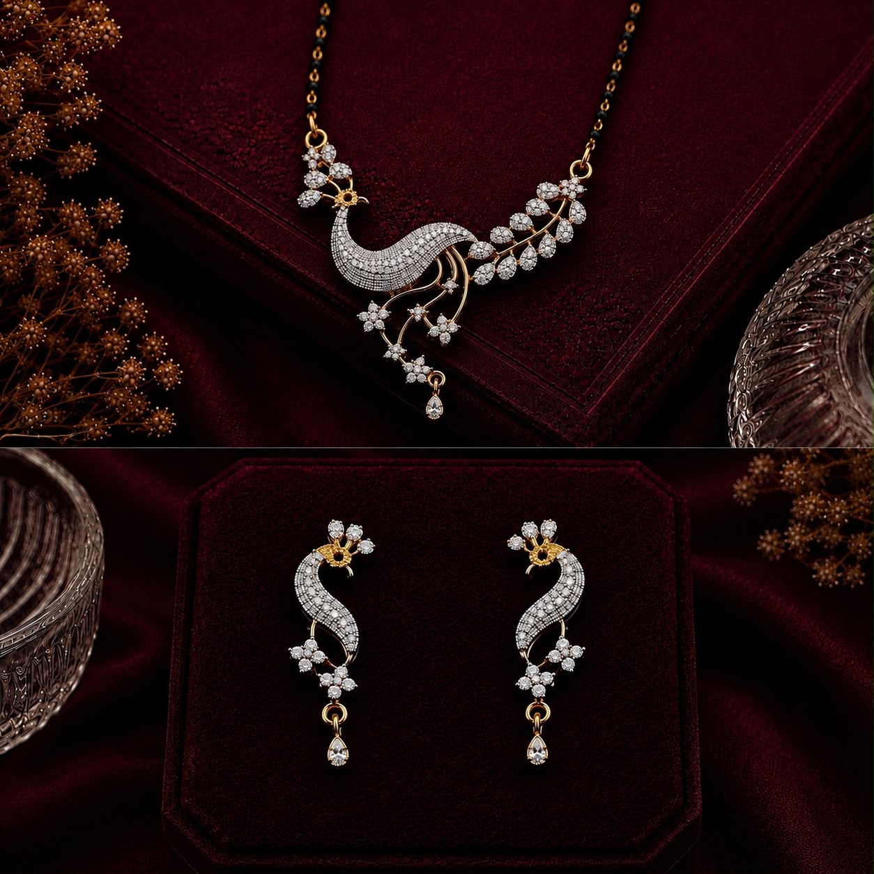 Peacock Grace American Diamond Single Chain Mangalsutra Set with Earrings - Suhagan Studio by Gurjas | Gold-Plated Brass Jewellery