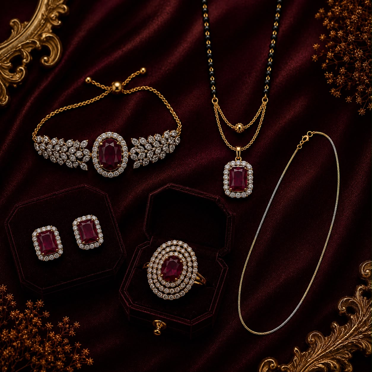 Royal Ruby American Diamond 5-Piece Single Chain Mangalsutra Jewellery Combo with Adjustable Ring & Bracelet