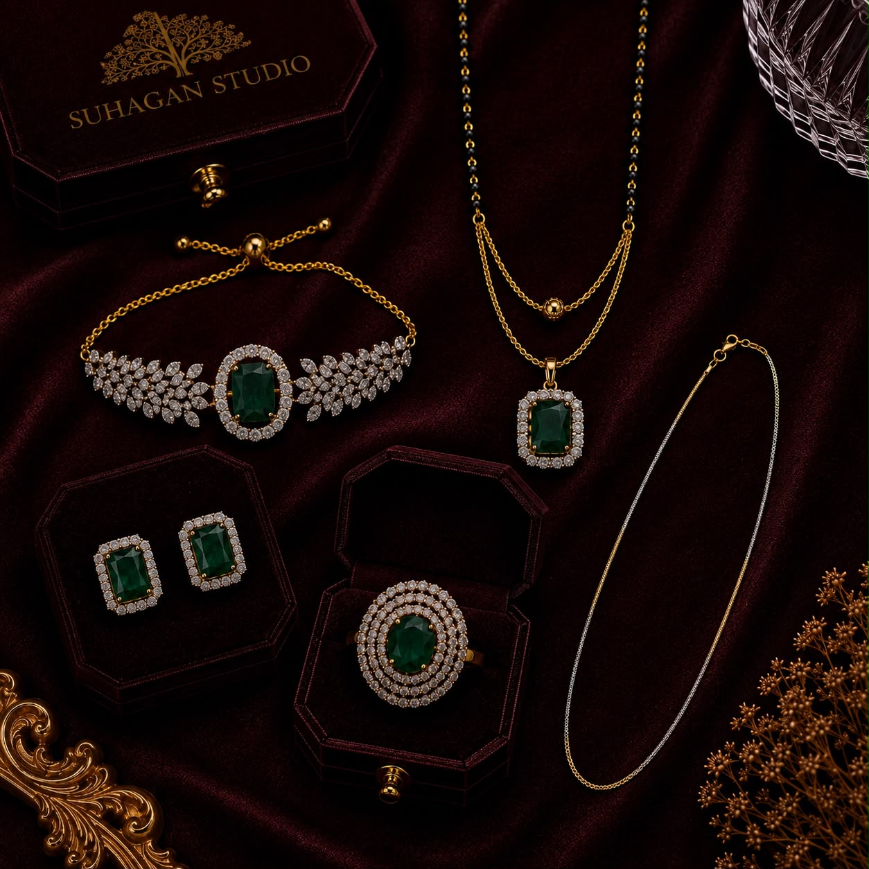 Royal Emerald American Diamond 5-Piece Single Chain Mangalsutra Jewellery Combo with Adjustable Ring & Bracelet