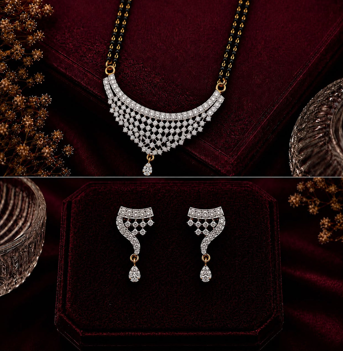 Sparkling Crescent American Diamond Double Chain Mangalsutra Set with Earrings | Gold-Plated Brass Jewellery