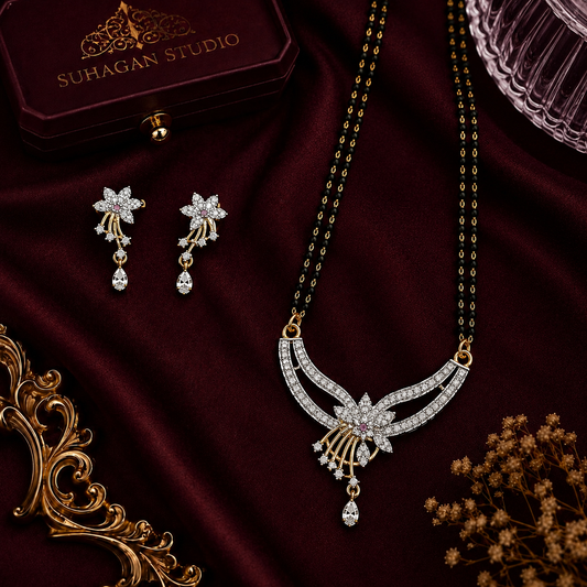 Blossom Charm American Diamond Double Chain Mangalsutra Set | Gold-Plated Brass Jewellery