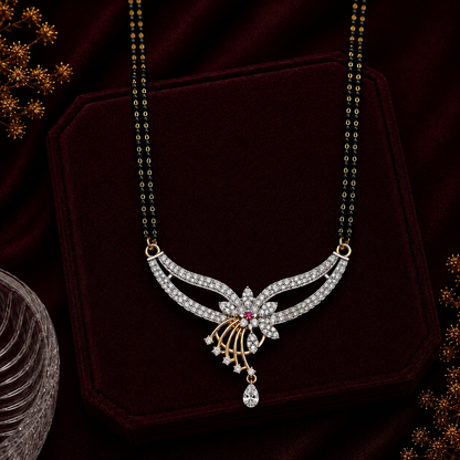 Blossom Charm American Diamond Double Chain Mangalsutra Set | Gold-Plated Brass Jewellery