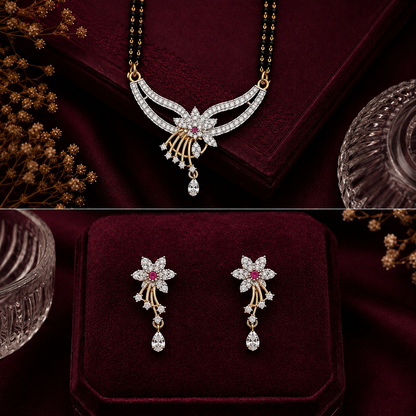 Blossom Charm American Diamond Double Chain Mangalsutra Set | Gold-Plated Brass Jewellery