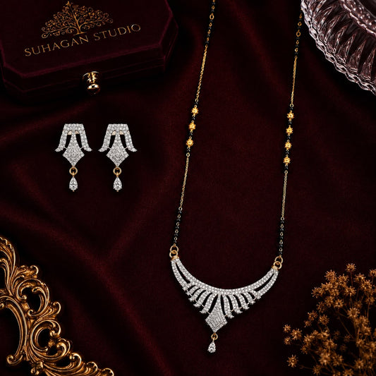 Radiant Arc American Diamond Single Chain Mangalsutra Set with Earrings | Gold-Plated Brass Jewellery