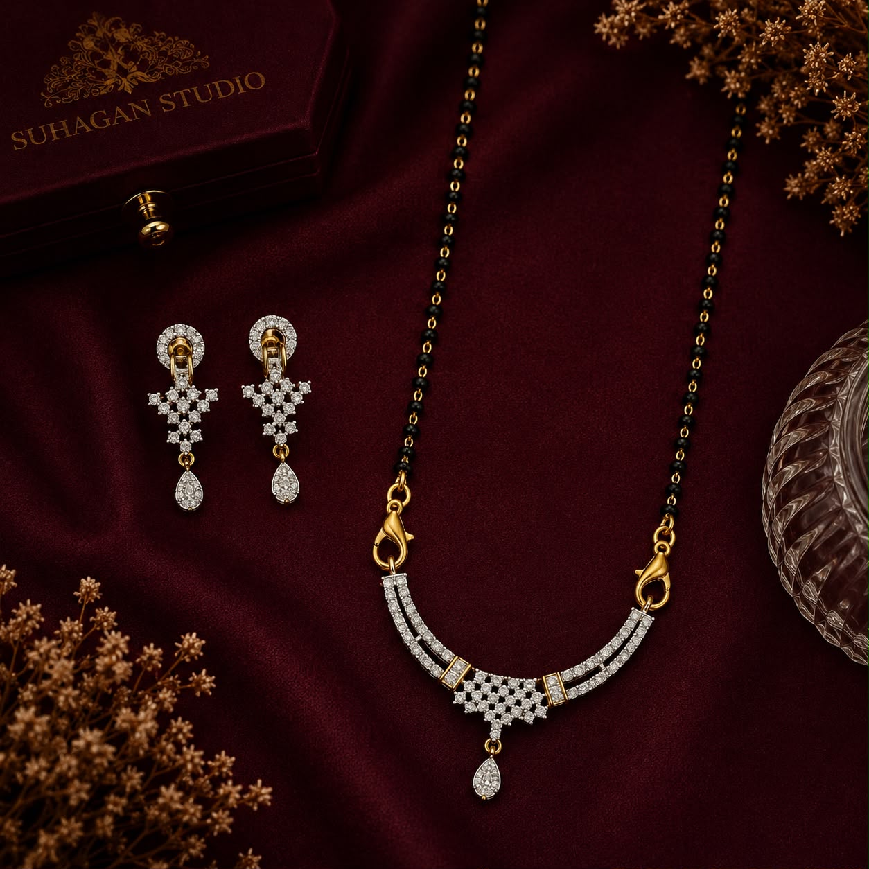 Regal Spark American Diamond Single Chain Mangalsutra Set with Earrings | Gold-Plated Brass Jewellery