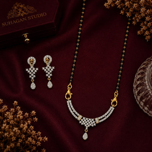 Regal Spark American Diamond Single Chain Mangalsutra Set with Earrings | Gold-Plated Brass Jewellery