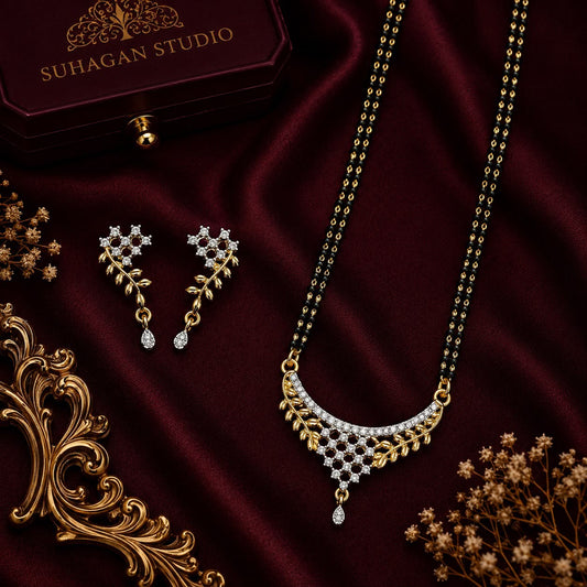 Leaf Grace American Diamond Double Chain Mangalsutra Set with Earrings | Gold-Plated Brass Jewellery
