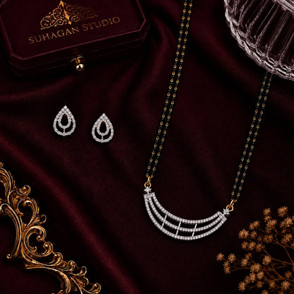 Elegant Arc American Diamond Double Chain Mangalsutra Set with Earrings | Gold-Plated Brass Jewellery