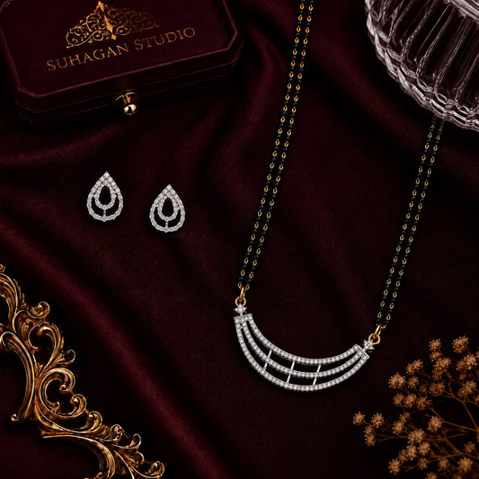 Elegant Arc American Diamond Double Chain Mangalsutra Set with Earrings | Gold-Plated Brass Jewellery