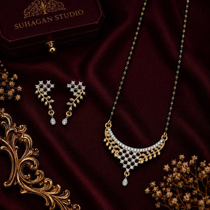 Vine Elegance American Diamond Single Chain Mangalsutra Set with Earrings | Gold-Plated Brass Jewellery