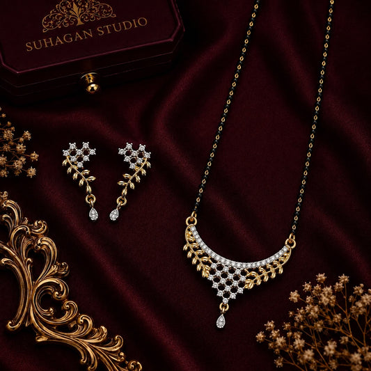 Vine Elegance American Diamond Single Chain Mangalsutra Set with Earrings | Gold-Plated Brass Jewellery