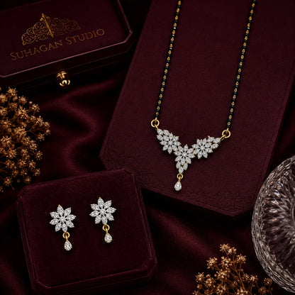 Floral American Diamond Single Chain Mangalsutra Set with Earrings | Gold-Plated Brass Jewellery
