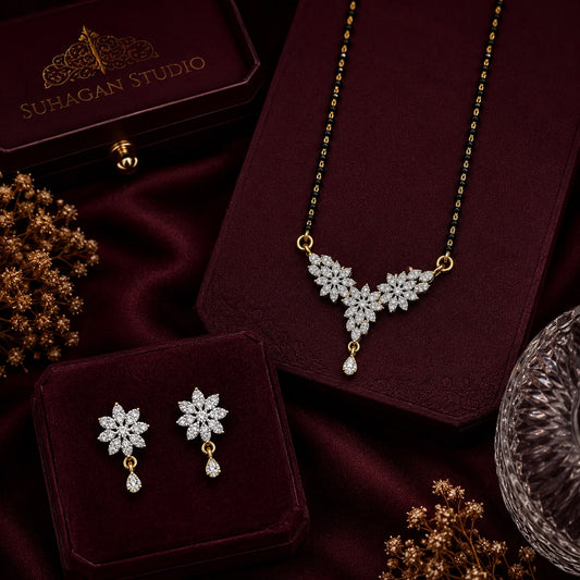 Floral American Diamond Single Chain Mangalsutra Set with Earrings | Gold-Plated Brass Jewellery