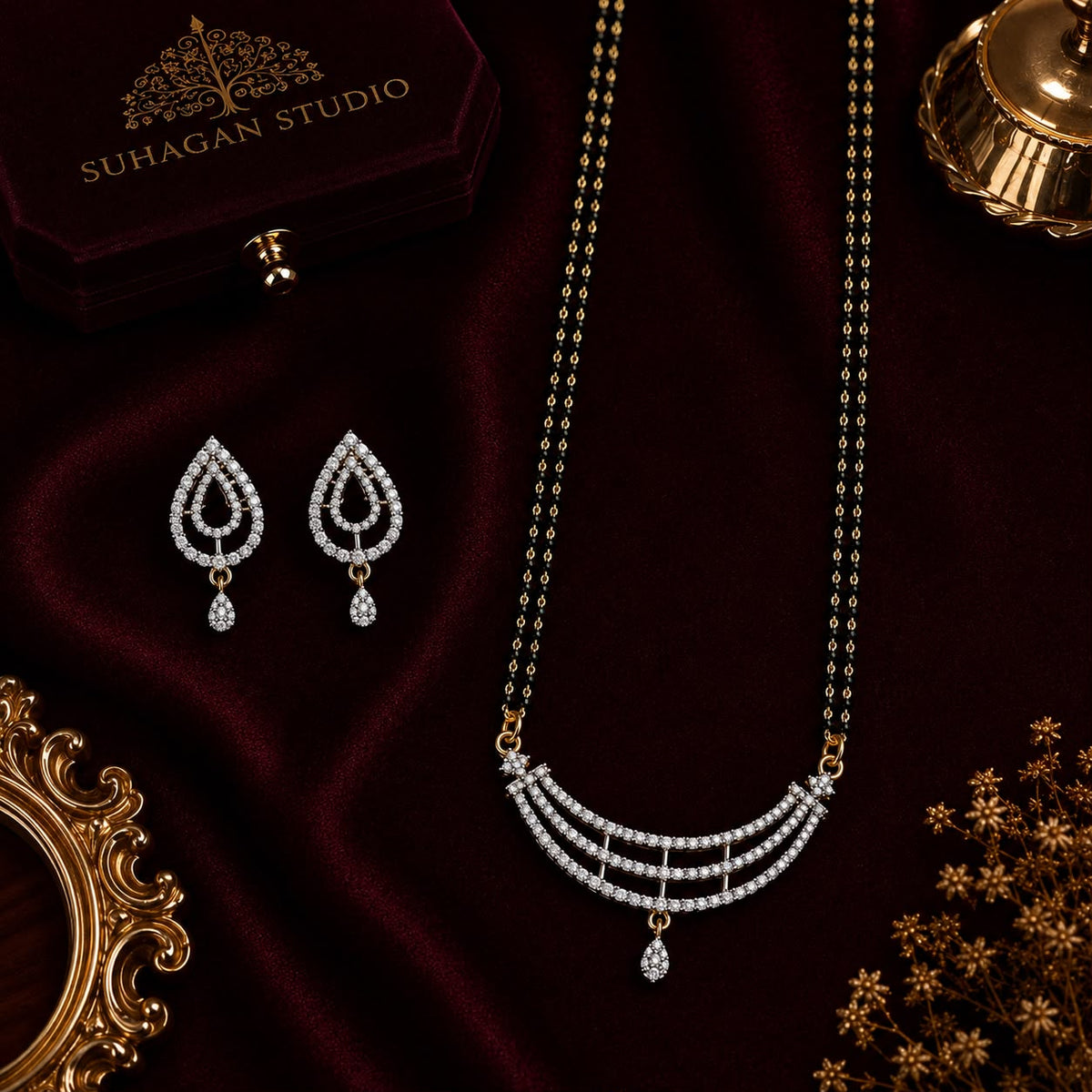 Royal Arc American Diamond Double Chain Mangalsutra Set with Earrings | Gold-Plated Brass Jewellery