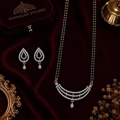Royal Arc American Diamond Double Chain Mangalsutra Set with Earrings | Gold-Plated Brass Jewellery