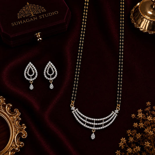 Royal Arc American Diamond Double Chain Mangalsutra Set with Earrings | Gold-Plated Brass Jewellery