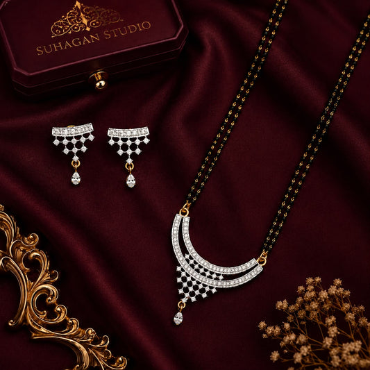 Twinkling Arc American Diamond Double Chain Mangalsutra Set with Earrings | Gold-Plated Brass Jewellery