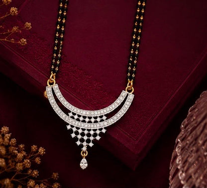 Twinkling Arc American Diamond Double Chain Mangalsutra Set with Earrings | Gold-Plated Brass Jewellery