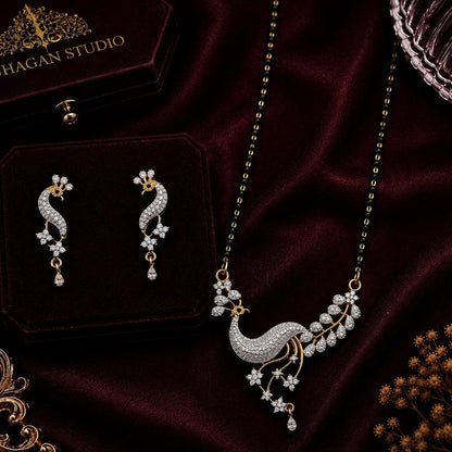 Peacock Grace American Diamond Single Chain Mangalsutra Set with Earrings - Suhagan Studio by Gurjas | Gold-Plated Brass Jewellery