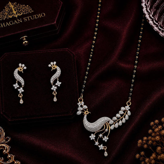 Peacock Grace American Diamond Single Chain Mangalsutra Set with Earrings - Suhagan Studio by Gurjas | Gold-Plated Brass Jewellery
