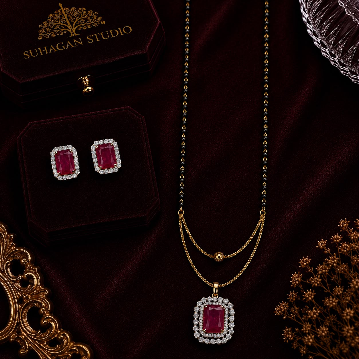 Royal Ruby American Diamond 5-Piece Single Chain Mangalsutra Jewellery Combo with Adjustable Ring & Bracelet