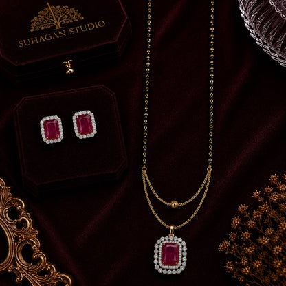 Royal Ruby American Diamond 5-Piece Single Chain Mangalsutra Jewellery Combo with Adjustable Ring & Bracelet