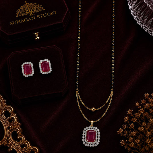 Royal Ruby American Diamond 5-Piece Single Chain Mangalsutra Jewellery Combo with Adjustable Ring & Bracelet