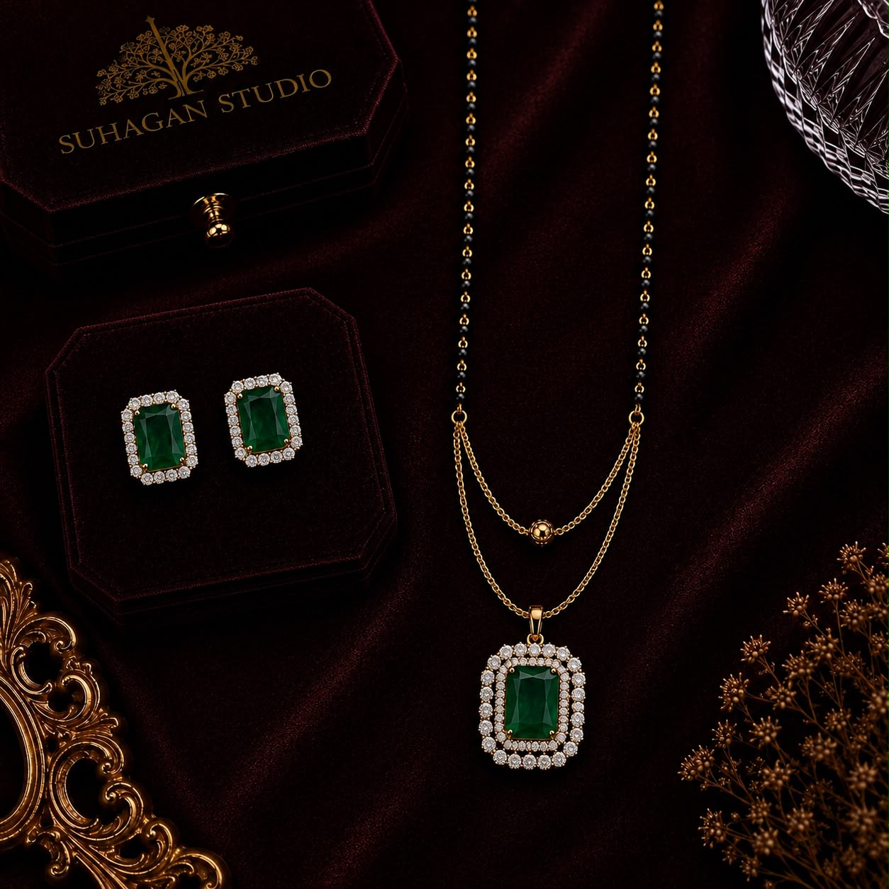 Royal Emerald American Diamond 5-Piece Single Chain Mangalsutra Jewellery Combo with Adjustable Ring & Bracelet