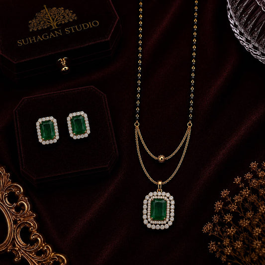 Royal Emerald American Diamond 5-Piece Single Chain Mangalsutra Jewellery Combo with Adjustable Ring & Bracelet