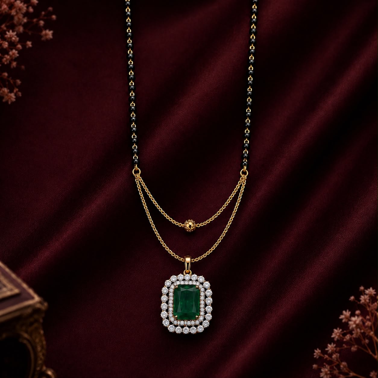 Royal Emerald American Diamond 5-Piece Single Chain Mangalsutra Jewellery Combo with Adjustable Ring & Bracelet