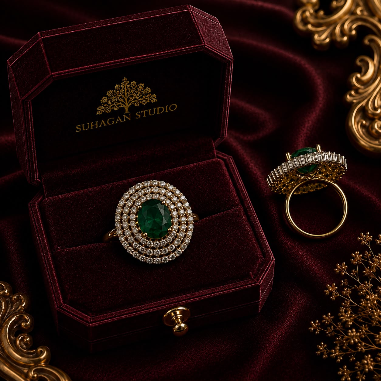 Royal Emerald American Diamond 5-Piece Single Chain Mangalsutra Jewellery Combo with Adjustable Ring & Bracelet