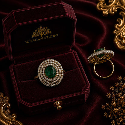 Royal Emerald American Diamond 5-Piece Single Chain Mangalsutra Jewellery Combo with Adjustable Ring & Bracelet