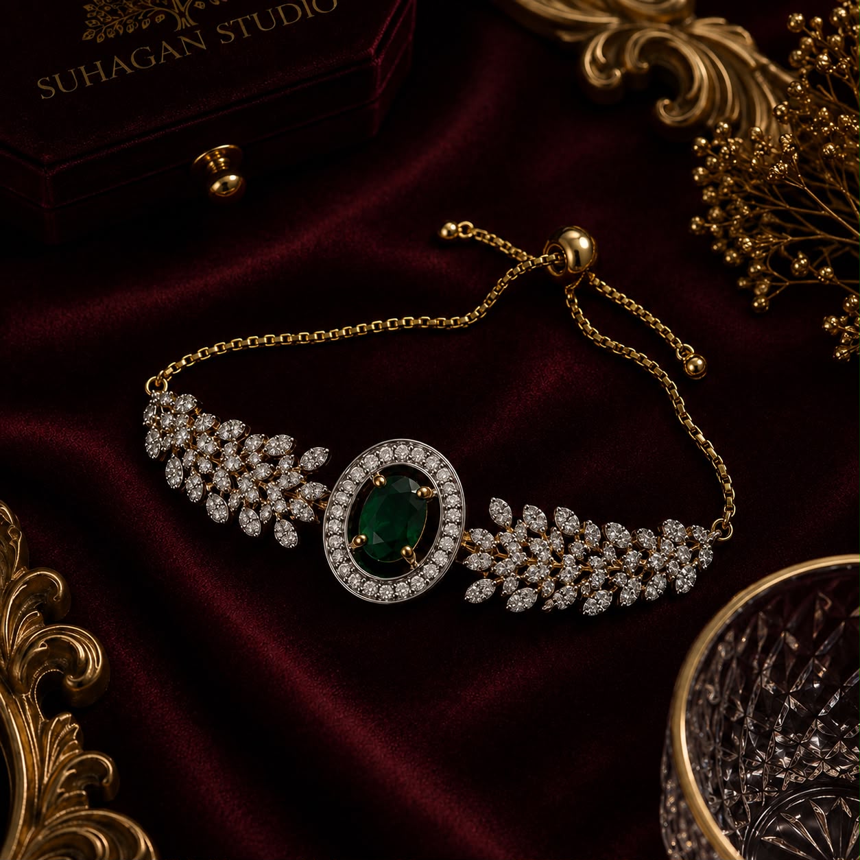 Royal Emerald American Diamond 5-Piece Single Chain Mangalsutra Jewellery Combo with Adjustable Ring & Bracelet