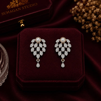 Pearl Cascade American Diamond Single Chain Mangalsutra Set with Earrings | Gold-Plated Brass Jewellery