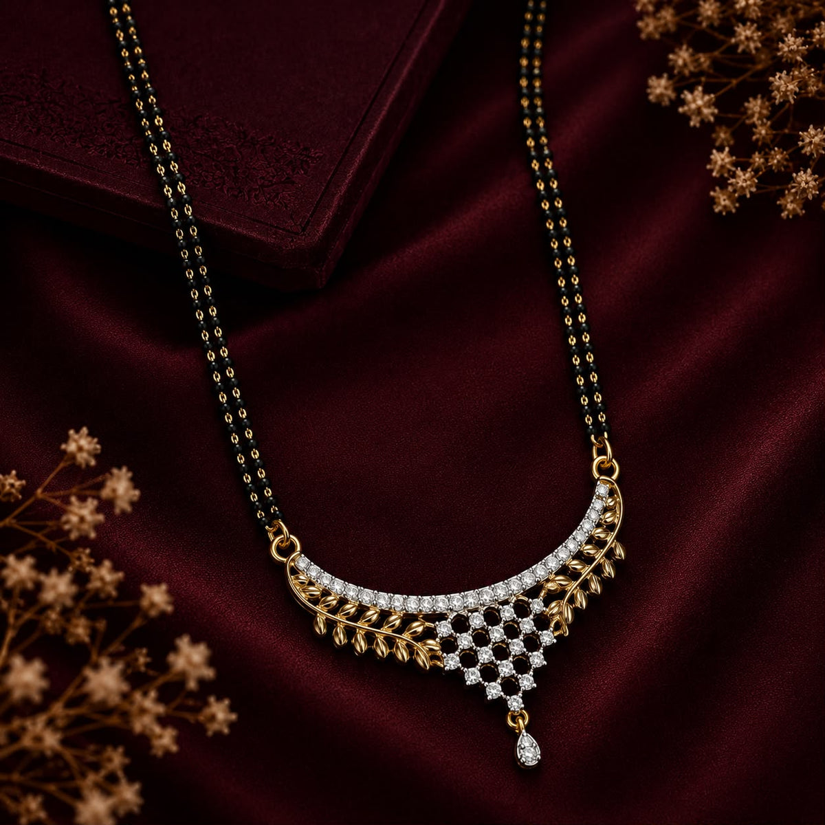 Leaf Grace American Diamond Double Chain Mangalsutra Set with Earrings | Gold-Plated Brass Jewellery