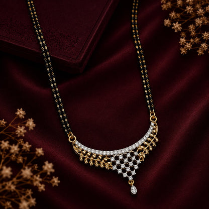 Leaf Grace American Diamond Double Chain Mangalsutra Set with Earrings | Gold-Plated Brass Jewellery