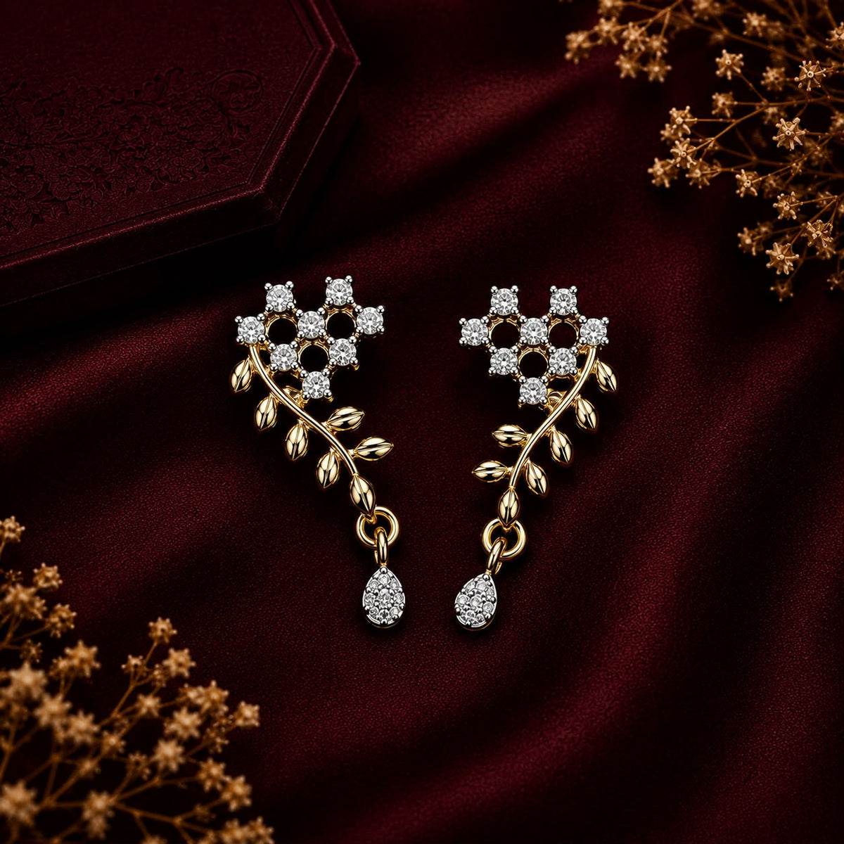 Leaf Grace American Diamond Double Chain Mangalsutra Set with Earrings | Gold-Plated Brass Jewellery