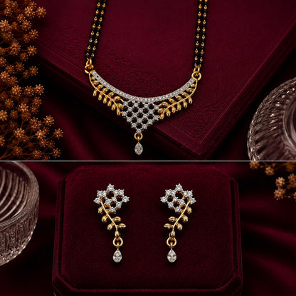 Leaf Grace American Diamond Double Chain Mangalsutra Set with Earrings | Gold-Plated Brass Jewellery