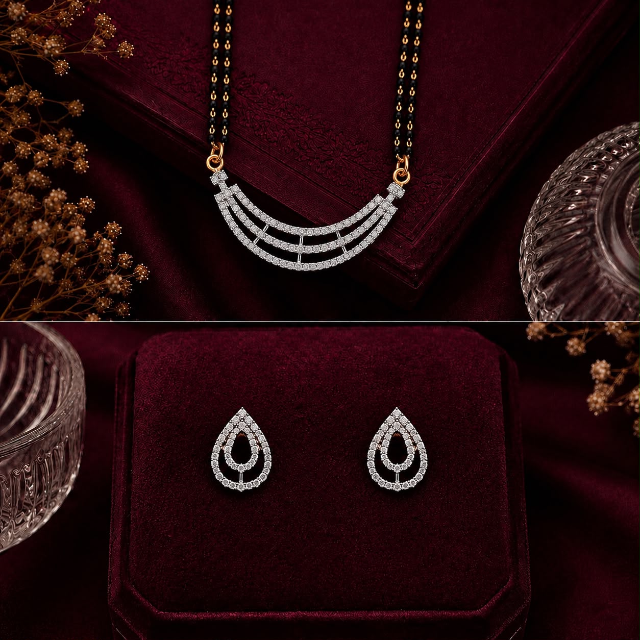 Elegant Arc American Diamond Double Chain Mangalsutra Set with Earrings | Gold-Plated Brass Jewellery