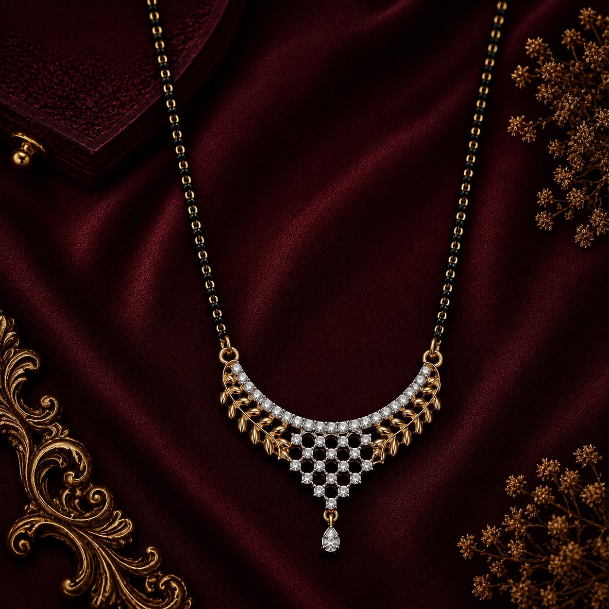 Vine Elegance American Diamond Single Chain Mangalsutra Set with Earrings | Gold-Plated Brass Jewellery