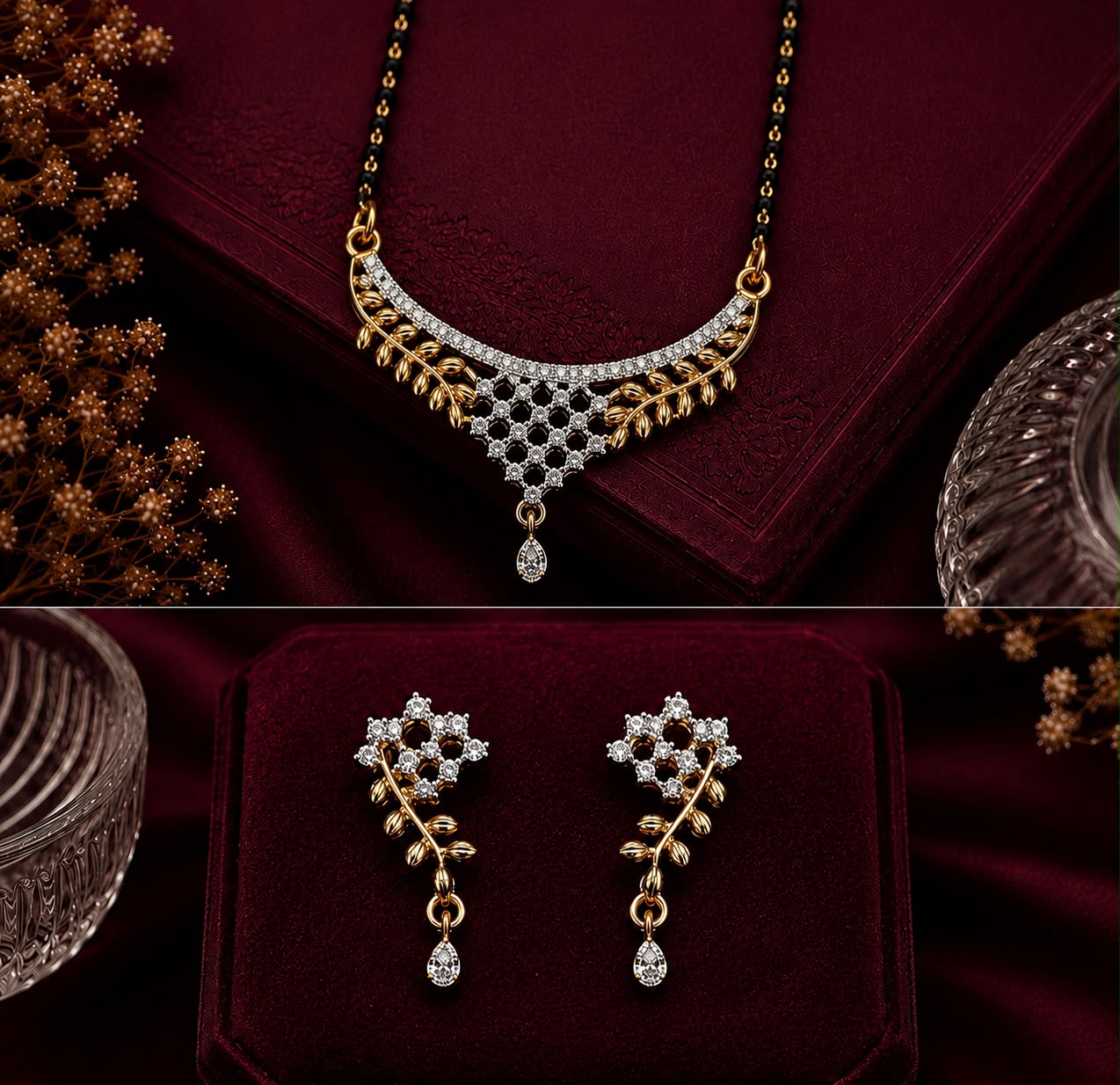 Vine Elegance American Diamond Single Chain Mangalsutra Set with Earrings | Gold-Plated Brass Jewellery