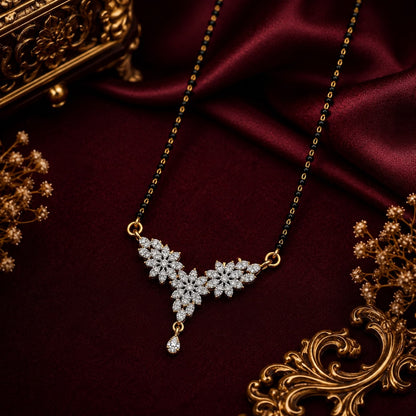 Floral American Diamond Single Chain Mangalsutra Set with Earrings | Gold-Plated Brass Jewellery