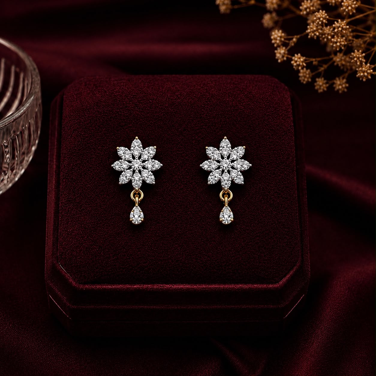 Floral American Diamond Single Chain Mangalsutra Set with Earrings | Gold-Plated Brass Jewellery