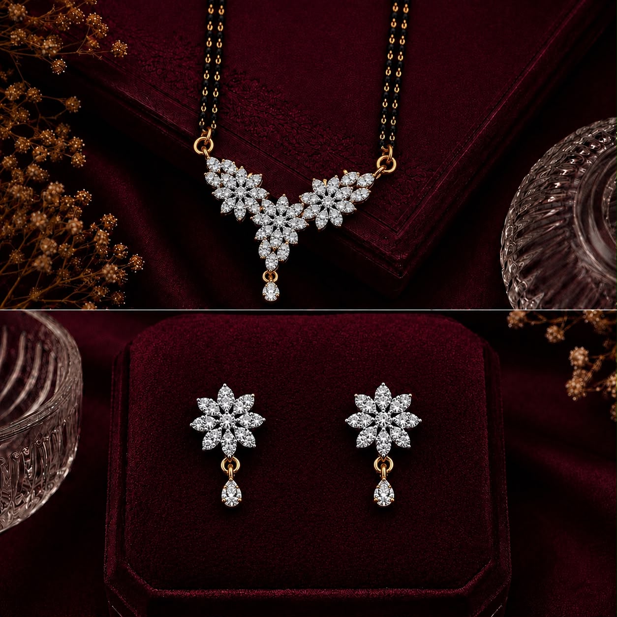 Floral American Diamond Single Chain Mangalsutra Set with Earrings | Gold-Plated Brass Jewellery