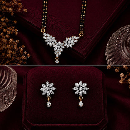 Floral American Diamond Single Chain Mangalsutra Set with Earrings | Gold-Plated Brass Jewellery