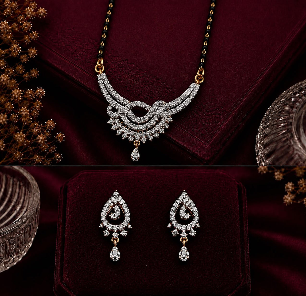 Infinity Grace American Diamond Single Chain Mangalsutra Set with Earrings | Gold-Plated Brass Jewellery